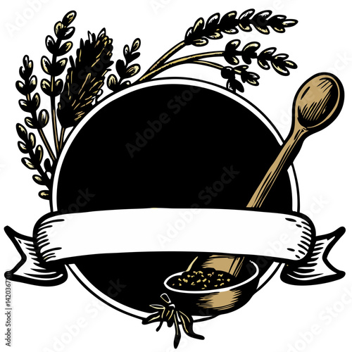 Rustic Emblem for Food Brands:  A hand-drawn rustic emblem featuring a wooden spoon and a bowl of herbs, surrounded by wheat and lavender, framed by a vintage banner, perfect for your food, cooking.