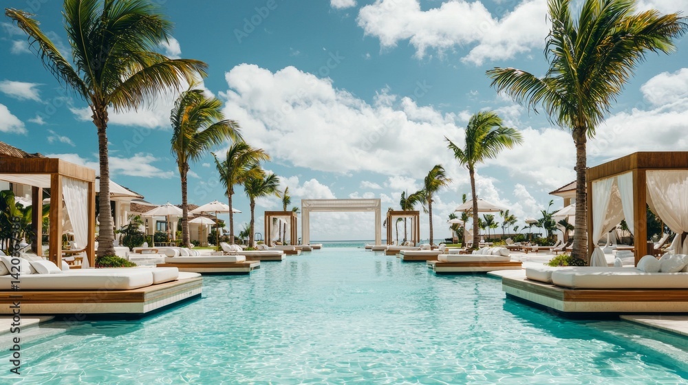 Fototapeta premium Luxurious resort pool area with palm trees and ocean view under a clear sky in a tropical paradise