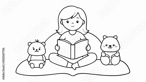 Joyful girl reading a book to her teddy bears in a cozy black and white illustration