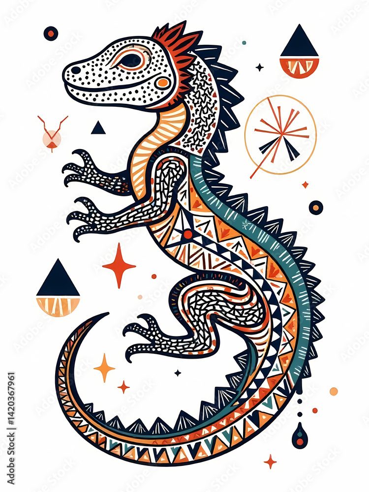 Intricate and colorful lizard illustration with detailed patterns and a minimalist style. Intricate and colorful lizard illustration with detailed patterns and a minimalist style.