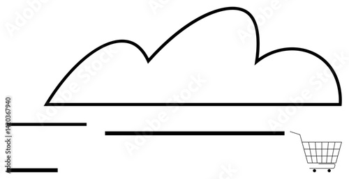 Cloud icon connected to a shopping cart and abstract lines, representing cloud services, e-commerce, and technology. Ideal for technology, e-commerce, IT solutions, digital transformation, retail