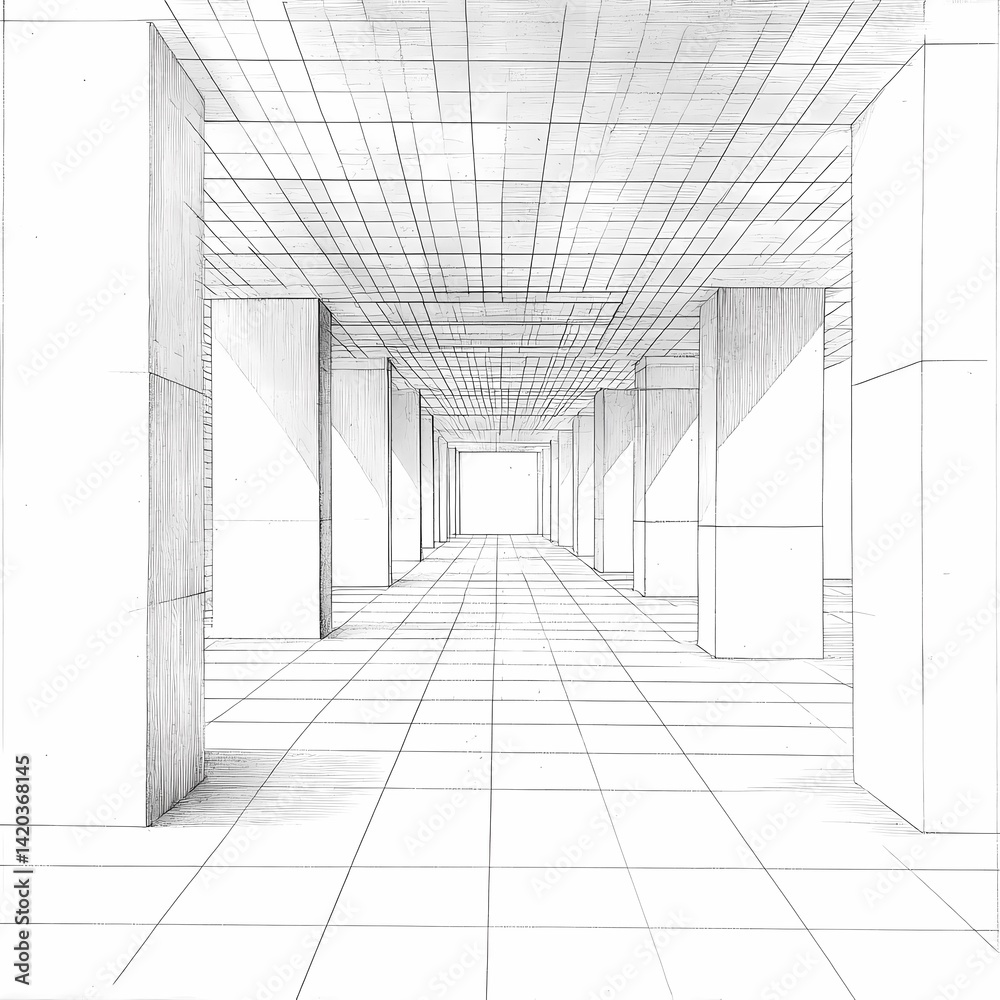 Perspective drawing of a long hallway with columns and tiled floor; architectural design concept Perspective drawing of a long hallway with columns and tiled floor; architectural design concept