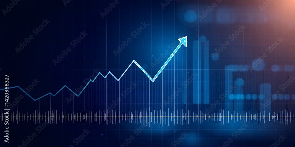 Digital blue background with upward trending arrow and waveform representing growth and progress Digital blue background with upward trending arrow and waveform representing growth and progress