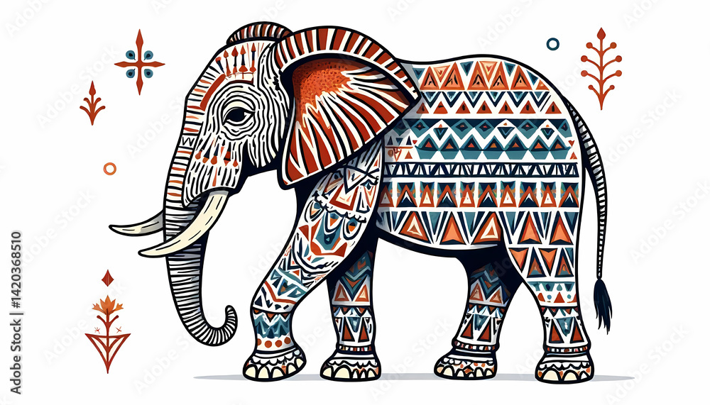 Obraz premium A beautifully illustrated elephant in tribal patterns, standing gracefully on a white backdrop.