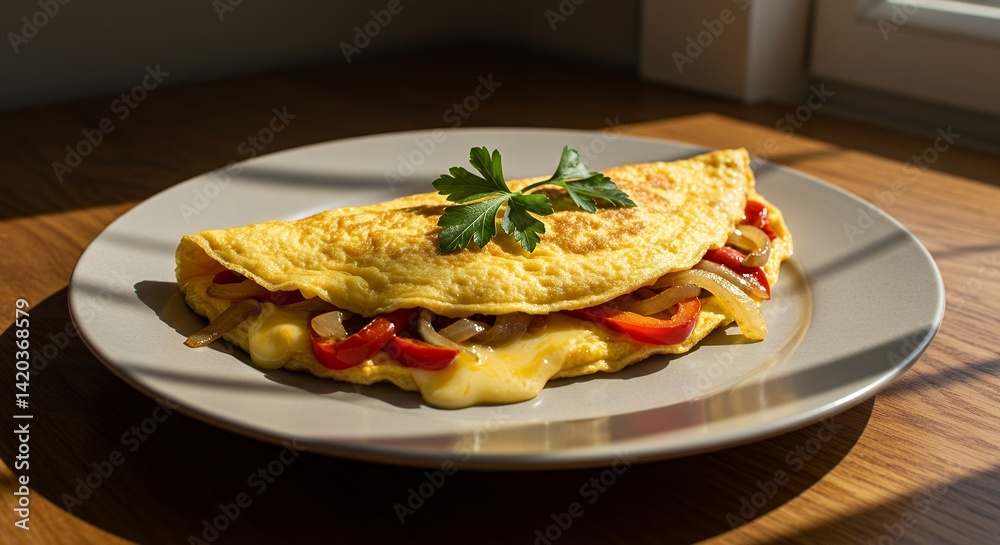 Golden omelet bursting with vibrant veggies on a neutral plate graced by a sprig of green Golden omelet bursting with vibrant veggies on a neutral plate graced by a sprig of green