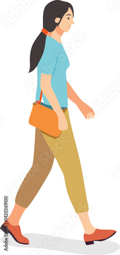 Young Woman Walking Side Profile Casual Outfit Bag