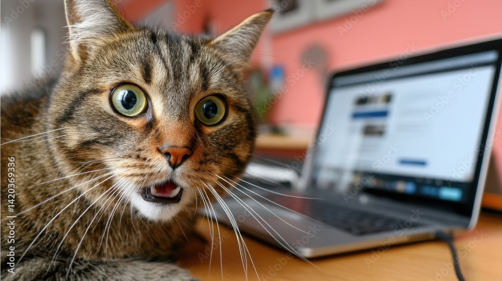 Curious tabby cat with wide eyes looking at camera beside a laptop on a wooden desk Curious tabby cat with wide eyes looking at camera beside a laptop on a wooden desk