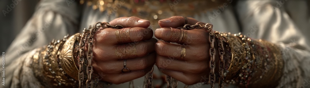 Fototapeta premium A close-up of adorned hands holding chains, showcasing intricate jewelry and a sense of cultural significance.