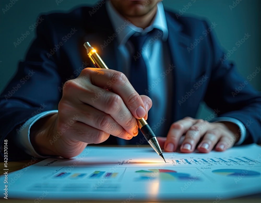 Businessman Analyzing Financial Data with Illuminated Pen