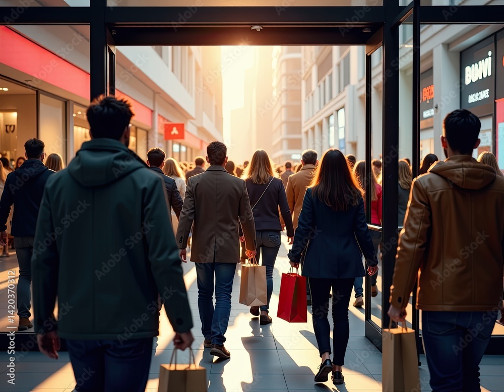 Crowd of Shoppers Walking Through a Modern Shopping Mall at Sunset