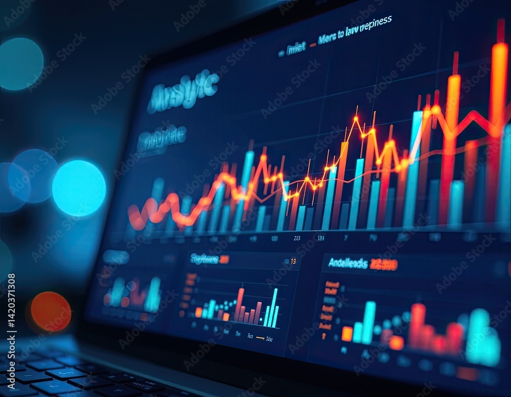 Laptop Screen Showing Financial Data, Graphs, and Charts at Night