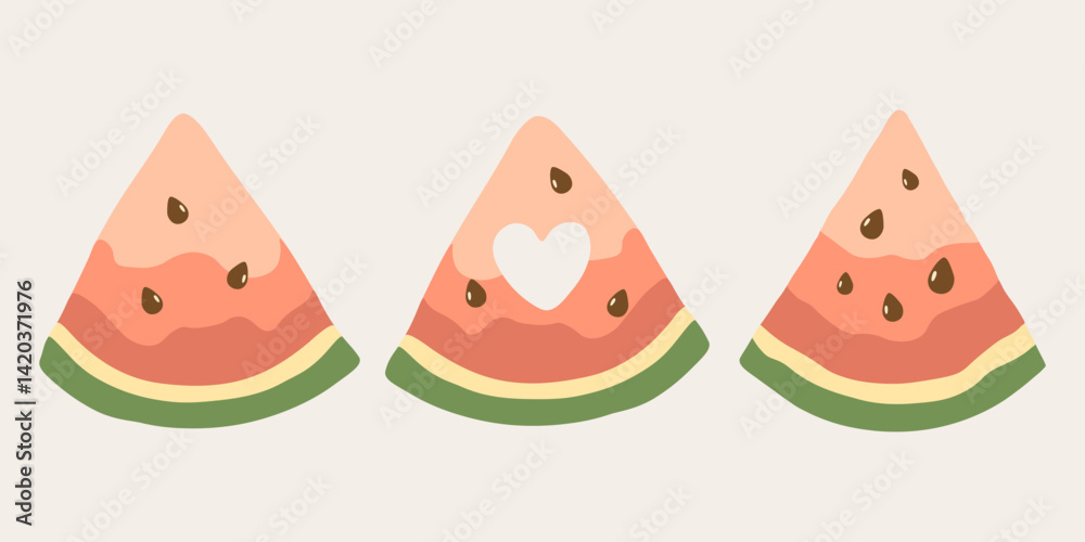 Three juicy watermelon slices hand drawn in flat style. Vector illustration of summer fruit cut with seeds and heart. Three juicy watermelon slices hand drawn in flat style. Vector illustration of summer fruit cut with seeds and heart.