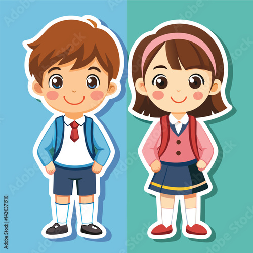 Cute Cartoon Elementary Students in School Uniforms
