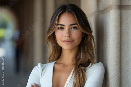 A closeup captures a young woman's beautiful face, her hand gently near her eye, a smiling expression on her lips