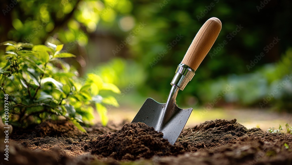 Small shovel in soil surrounded by greenery, sunny, bokeh background outdoors Small shovel in soil surrounded by greenery, sunny, bokeh background outdoors