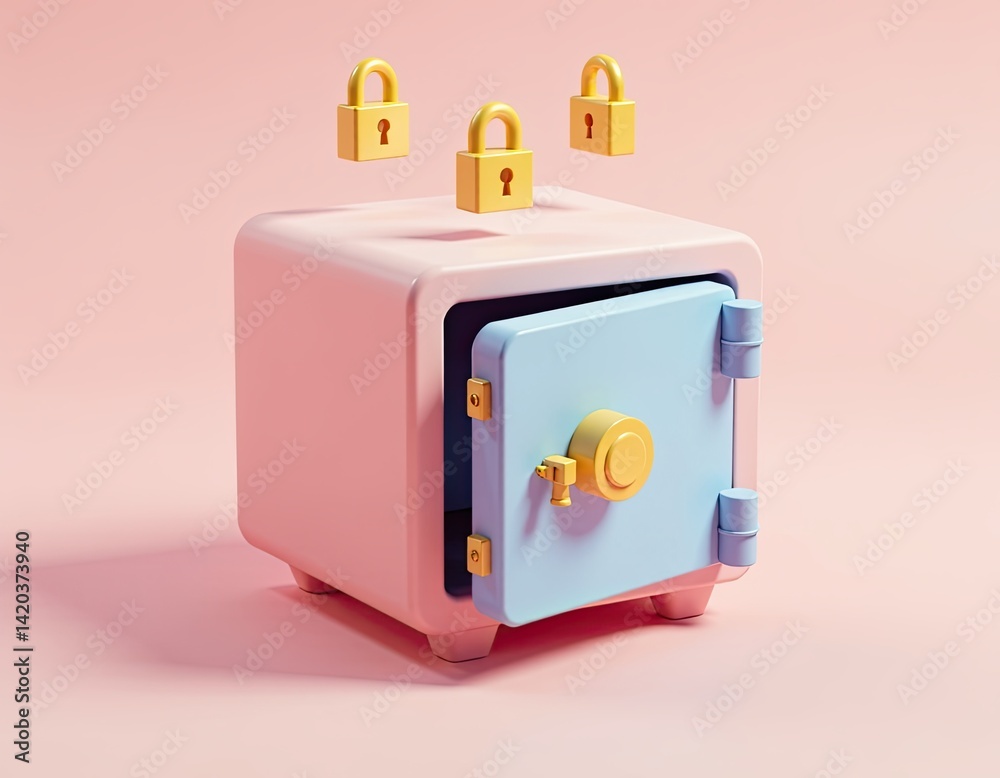 Pastel Pink and Blue Safe with Gold Padlocks - 3D Render
