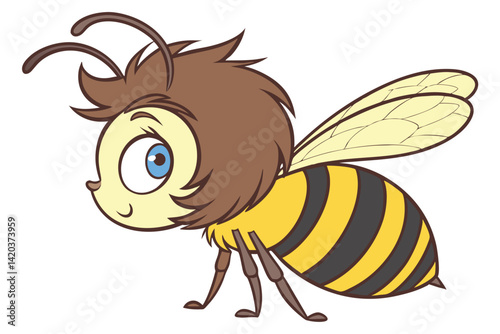 81 Cartoon bee, large blue eye, brown spiky hair, yellow and black stripes, transparent wings, cute insect character, children's illustration style, clean vector graphics, white background, side view,