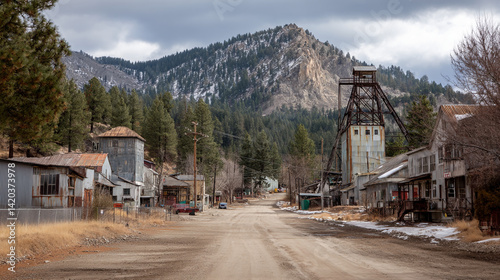 A view of an old mining town with a mountain in the background on an overcast day in the countryside