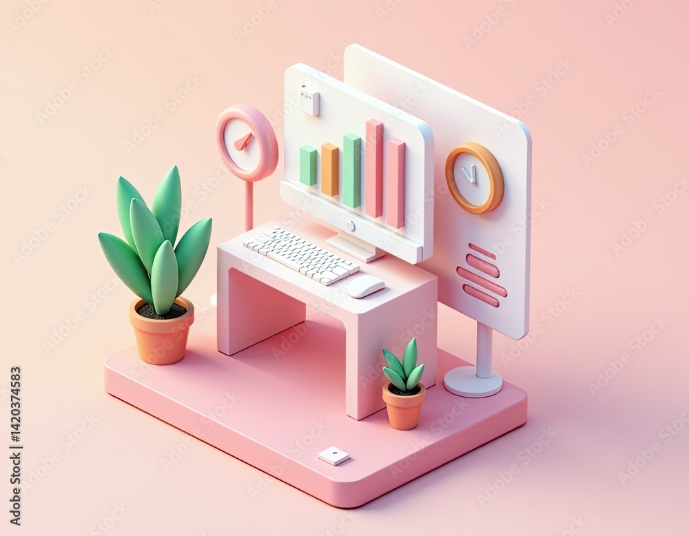 Minimalist Pink Desk Setup with Computer, Charts, and Plants - 3D Render