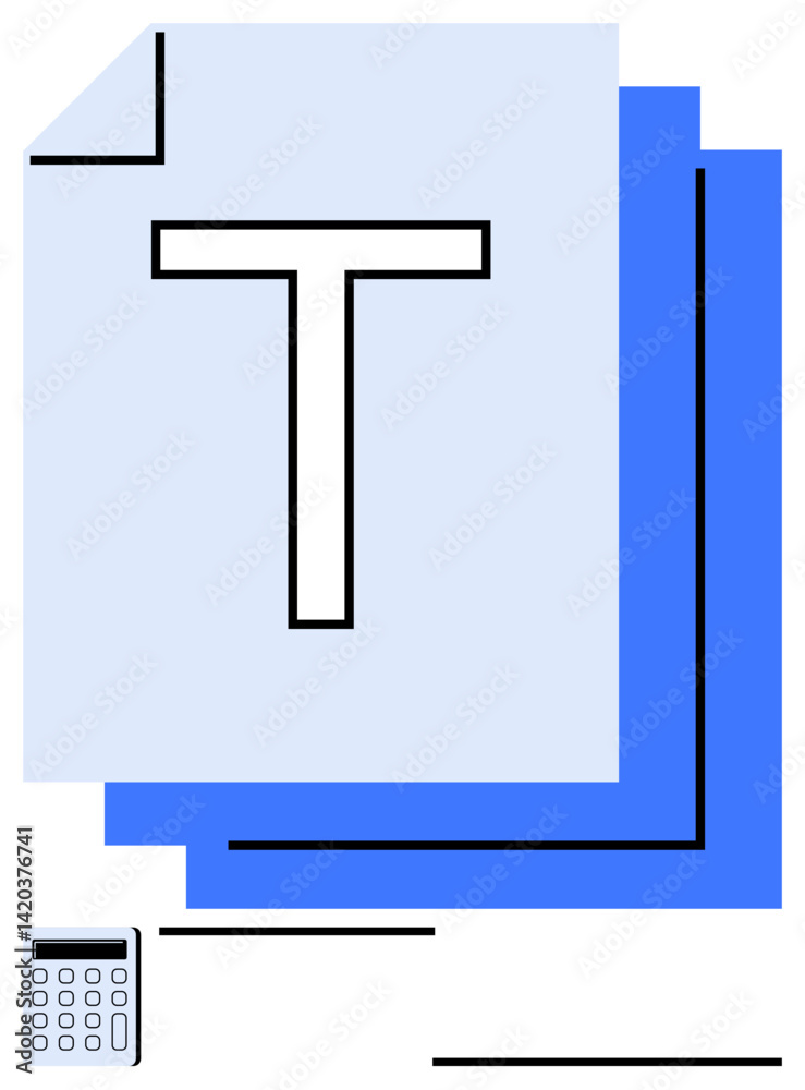 Stacked documents with bold T symbol and calculator icon representing data processing, analysis, and organization. Ideal for finance, productivity, accounting, planning, technology, office simple Stacked documents with bold T symbol and calculator icon representing data processing, analysis, and organization. Ideal for finance, productivity, accounting, planning, technology, office simple
