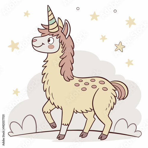 Magical Alpaca with Unicorn Horn and Glittering Mane