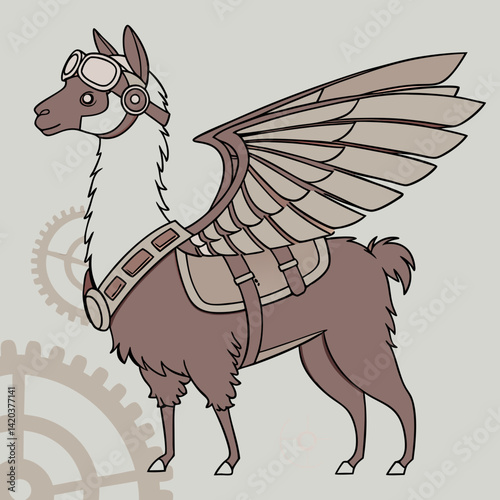 Steampunk Alpaca with Goggles and Mechanical Wings