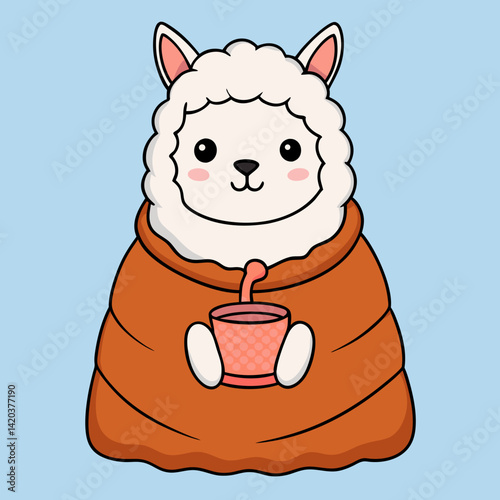 Cute Alpaca Wrapped in Cozy Blanket and Sipping Hot Cocoa