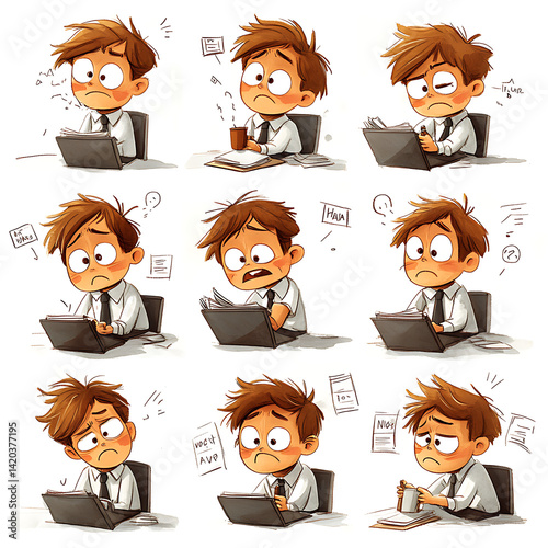 Cartoon Character Showing Various Expressions of Stress and Frustration at Work
