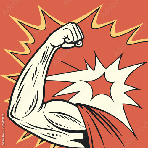 Muscular arm flexing with dynamic motion and comic book energy