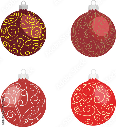 Red Christmas balls isolated on white. Vector image of balls with curls. New Year decoration. Vector clipart for holiday design.