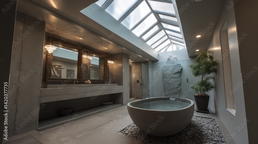 Fototapeta premium Modern bath with linear skylight and sculpted tub 