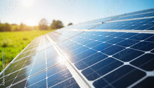 Close-up of solar panel capturing sunlight in rural setting, eco-friendly energy