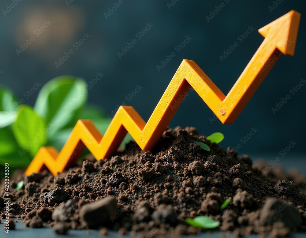 Growth, Success, Investment, and Sustainability Concept Upward Trending Arrow in Soil with Growing Plants