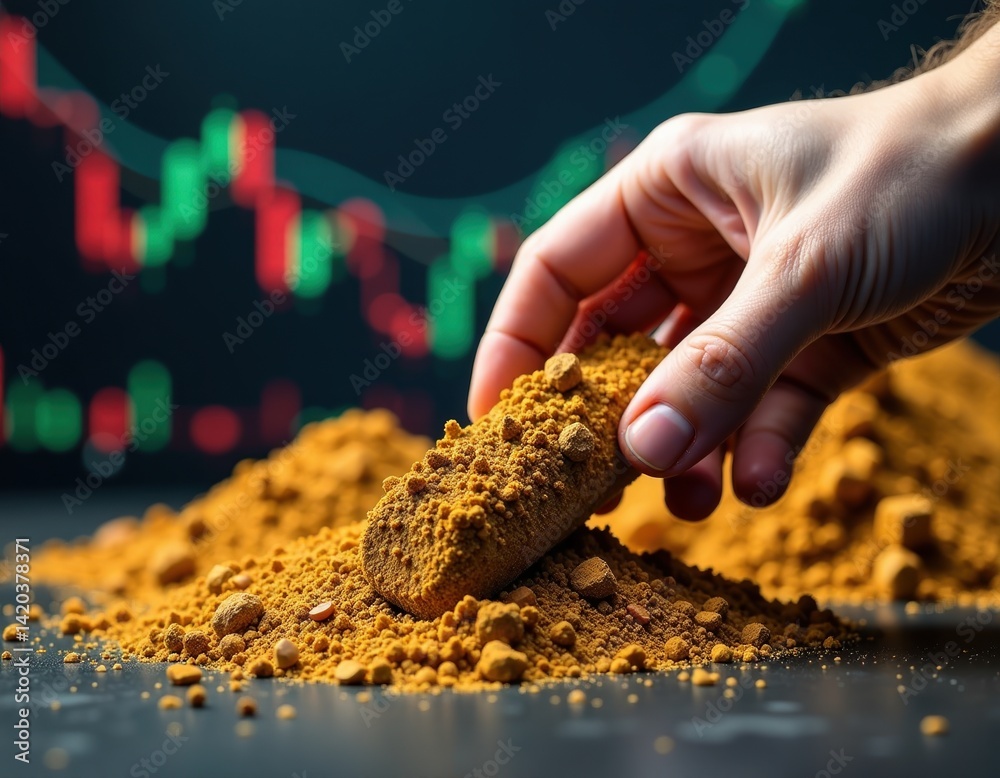 Gold Ore and Stock Market Graph Hand Holding Raw Gold Nugget