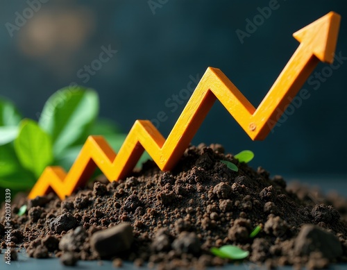 Obraz na płótnie Growth, Success, Investment, and Sustainability Concept Upward Trending Arrow in Soil with Growing Plants w salonie