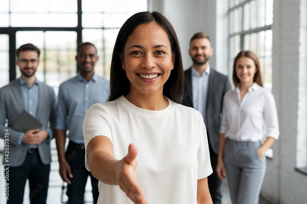 Portrait of smiling african american businesswoman with straight hair extending hand in bright office, friendly hr manager or team leader greeting new employee