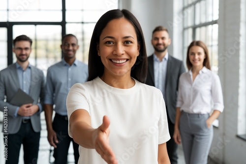 Portrait of smiling african american businesswoman with straight hair extending hand in bright office, friendly hr manager or team leader greeting new employee
