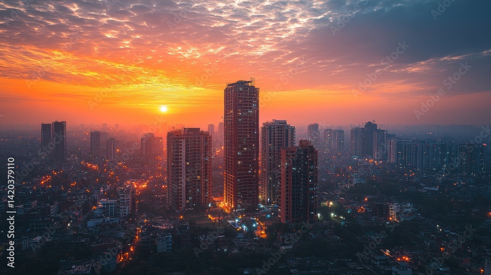 Obraz premium City skyline at sunrise with colorful sky