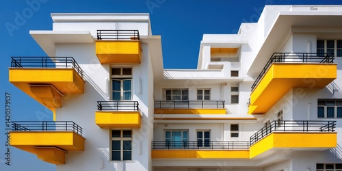 White building with yellow balconies against a sunny blue sky in an urban area