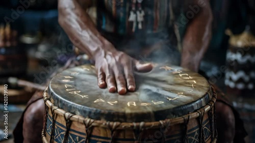 Close-up of hands passionately playing an ethnic drum, warm and rhythmic atmosphere
