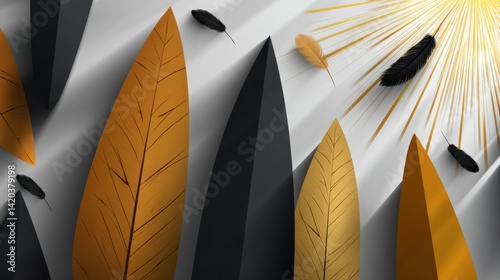 Modern geometric design with black and gold leaves and sunburst rays on white background