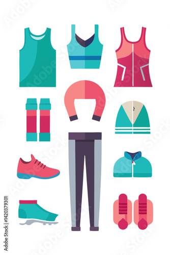 Colorful flat vector running clothing and equipment set