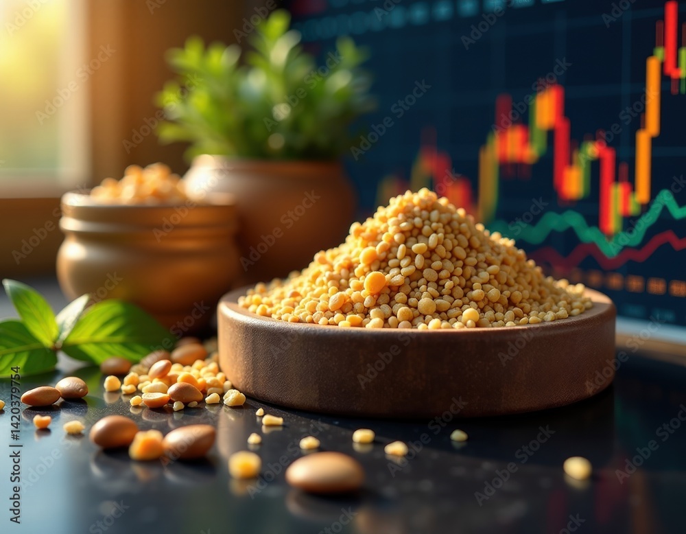 Commodity Trading Close-up of Grain with Stock Market Chart in Background