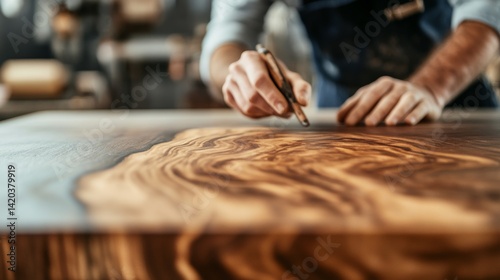 Craftsman Inspecting Wood Grain, Handcrafted, Woodwork