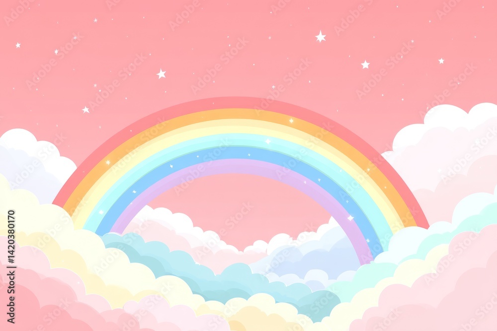 Pastel rainbow over fluffy clouds, pink sky, stars in simple, colorful cartoon scene Pastel rainbow over fluffy clouds, pink sky, stars in simple, colorful cartoon scene