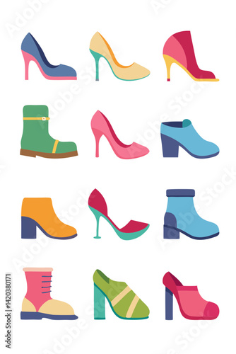 Trendy colorful collection of vector shoes and boots