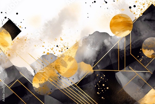 Abstract watercolor background with geometric shapes and black and gold splashes