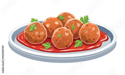 Meatballs in Marinara Sauce platter - Vector Illustration