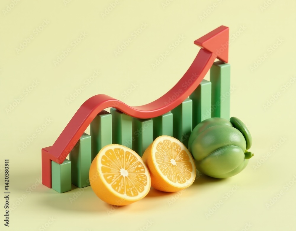 Rising Food Prices 3D Render of Graph Showing Increased Costs of Fruits and Vegetables