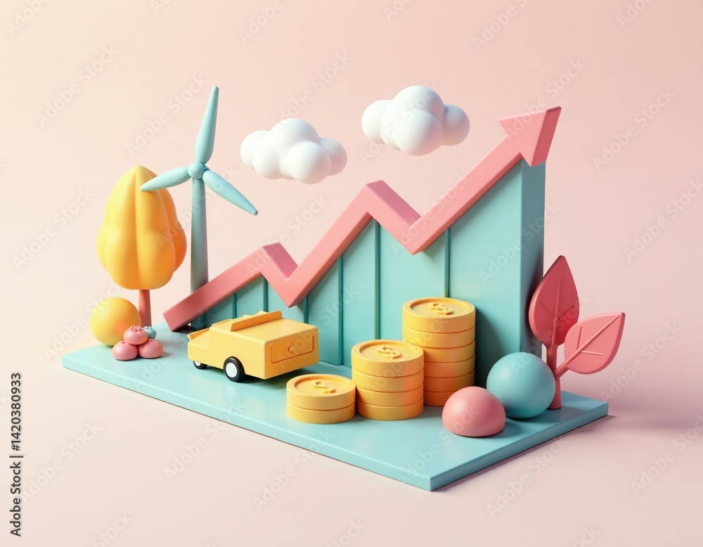 3D Render of Growing Business with Renewable Energy and Sustainable Investments